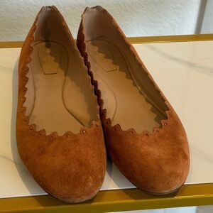 Chloe Brown Suede Studded Scalloped Flats